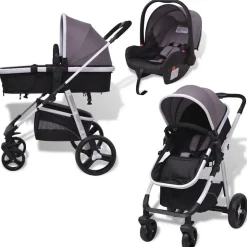 vidaXL 3-i-1 Barnvagn aluminium grå och svart