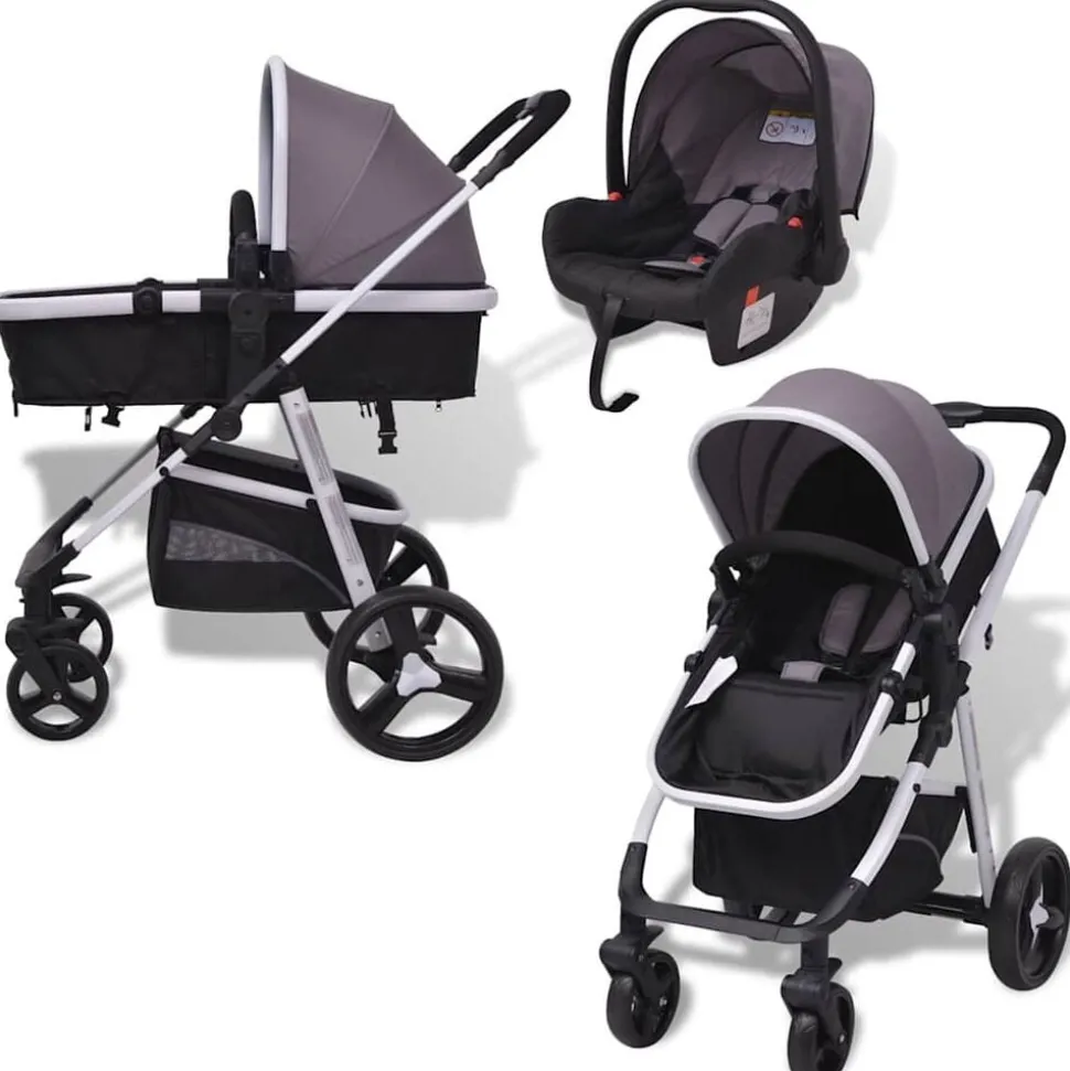 vidaXL 3-i-1 Barnvagn aluminium grå och svart