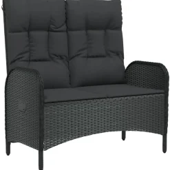 vidaXL Justerbar trädgårdsbänk med dynor 107 cm konstrotting svart