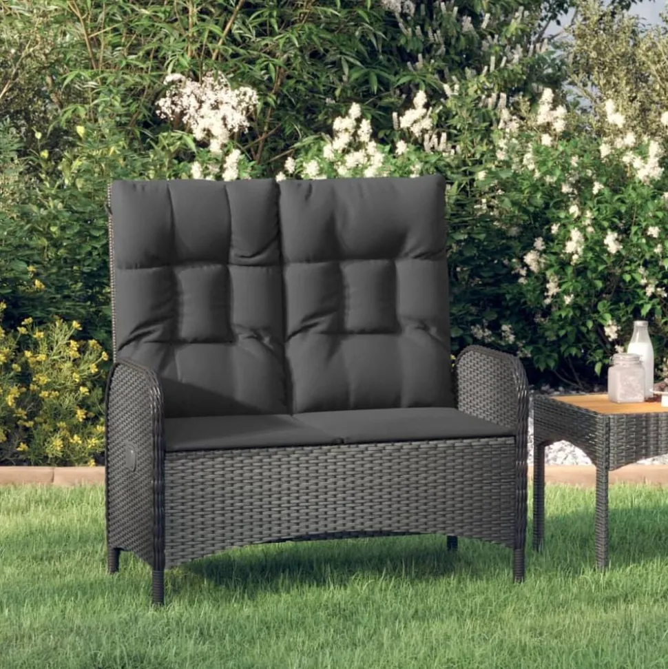 vidaXL Justerbar trädgårdsbänk med dynor 107 cm konstrotting svart