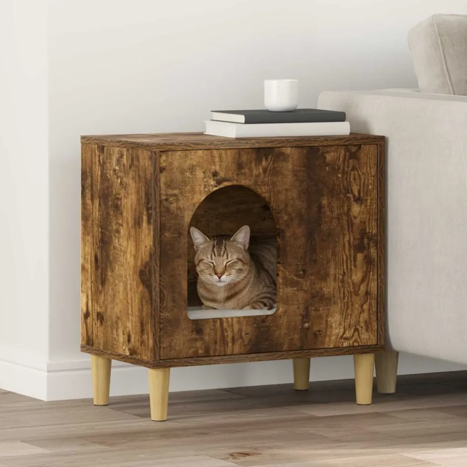 Best vidaXL Katt hus Rökt ek 51 x 30 x 52 cm Konstruerat trä Rökfärgad ek