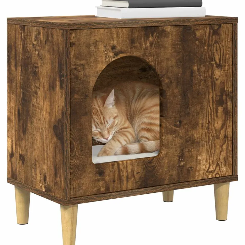 Best vidaXL Katt hus Rökt ek 51 x 30 x 52 cm Konstruerat trä Rökfärgad ek