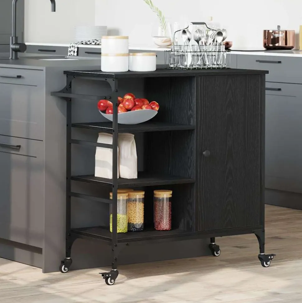 vidaXL Köksvagn Svart Ek 87.5 x 39 x 84.5 cm Konstruerat trä