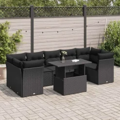 vidaXL Loungegrupp för trädgården med dynor 8 delar svart konstrotting