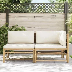 vidaXL Loungegrupp för trädgården med gräddvita dynor 2 delar bambu