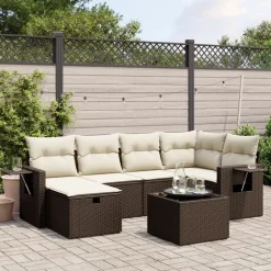 New vidaXL Loungegrupp för trädgården m dynor 6 delar brun konstrotting Brun och gräddvit