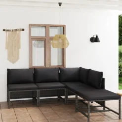 vidaXL Loungegrupp för trädgården med dynor 5 delar konstrotting grå