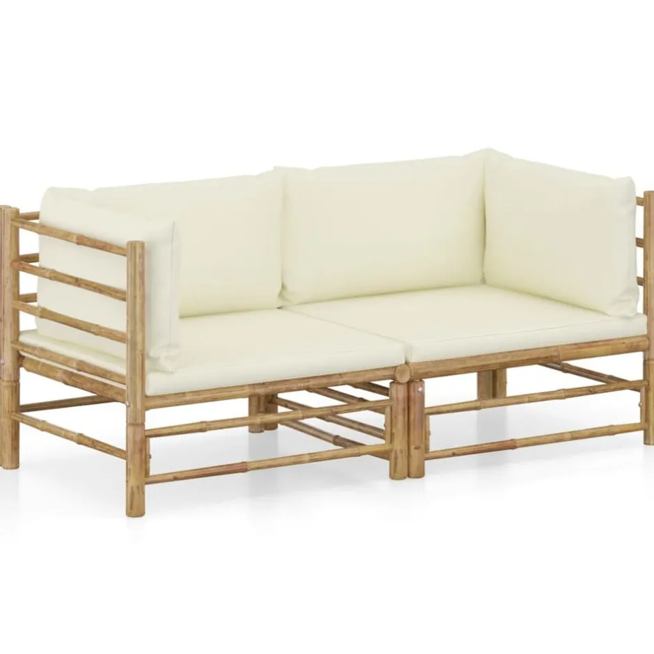 Clearance vidaXL Loungegrupp för trädgården med gräddvita dynor 2 delar bambu Kräm
