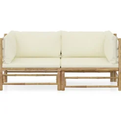 Clearance vidaXL Loungegrupp för trädgården med gräddvita dynor 2 delar bambu Kräm