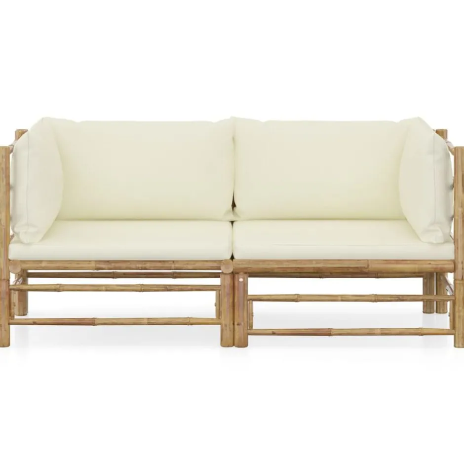 Clearance vidaXL Loungegrupp för trädgården med gräddvita dynor 2 delar bambu Kräm