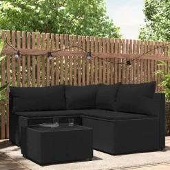 vidaXL Loungegrupp för trädgården med dynor 4 delar svart konstrotting