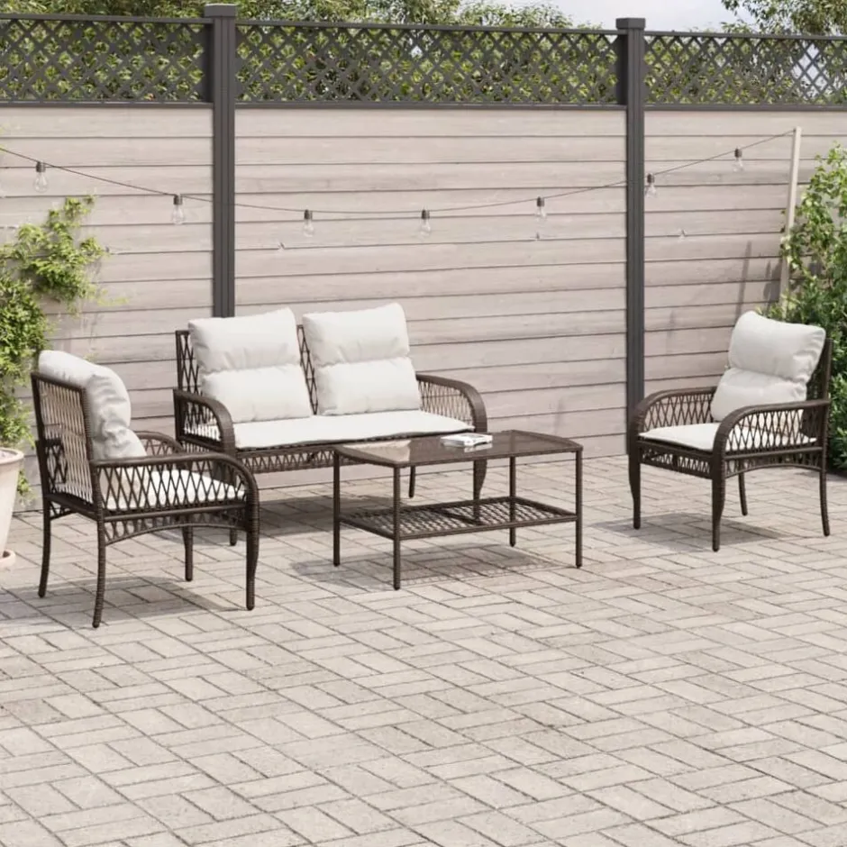 vidaXL Loungegrupp för trädgården med dynor 4 delar konstrotting brun Brun och gräddvit