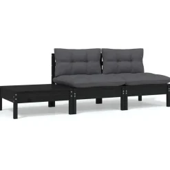 Best vidaXL Loungegrupp med dynor 3 delar massiv furu Svart