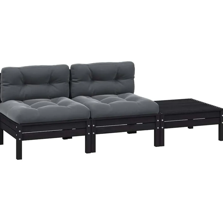 Best vidaXL Loungegrupp med dynor 3 delar massiv furu Svart