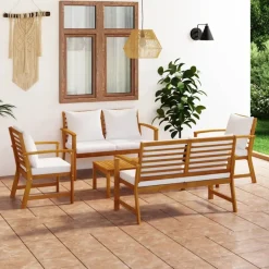 Discount vidaXL Loungegrupp med dynor 5 delar massivt akaciaträ Kräm