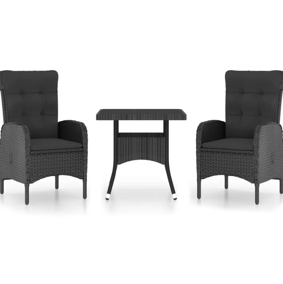 vidaXL Matgrupp för trädgården 3 delar konstrotting och glas svart