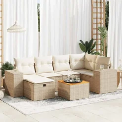 vidaXL Matgrupp för trädgården med dynor 7 delar beige konstrotting