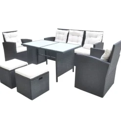 Clearance vidaXL Matgrupp för trädgården med dynor 6 delar konstrotting Svart