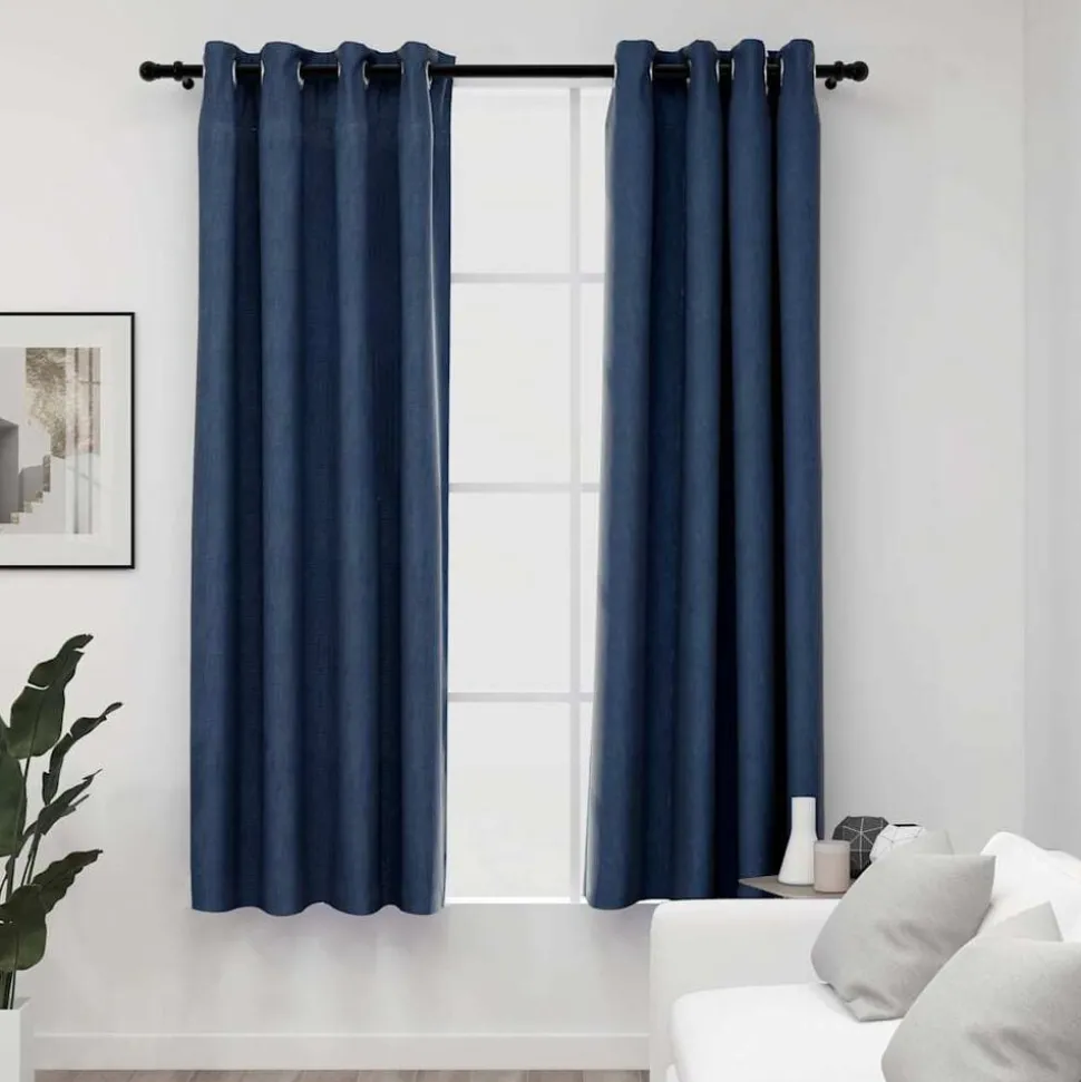 vidaXL Mörkläggningsgardin med öljetter linnelook 2 st blå 140x175cm