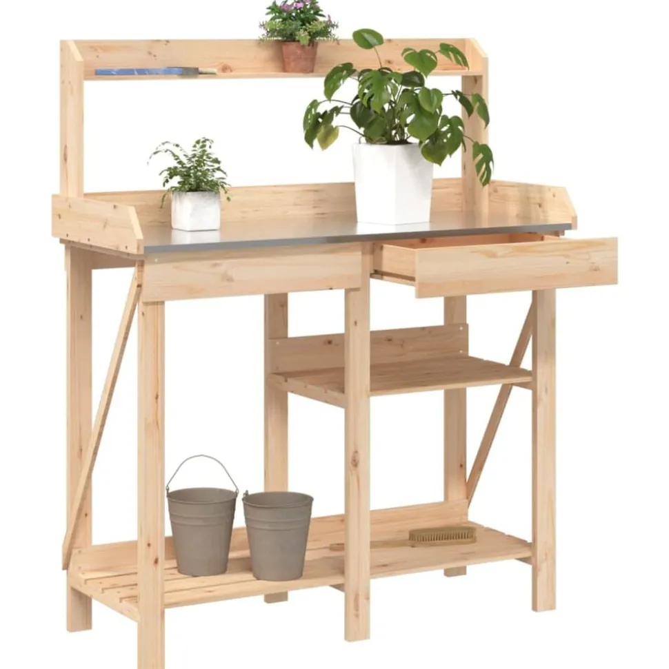 vidaXL Planteringsbord med hyllor massivt granträ