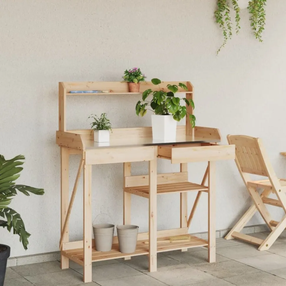 vidaXL Planteringsbord med hyllor massivt granträ