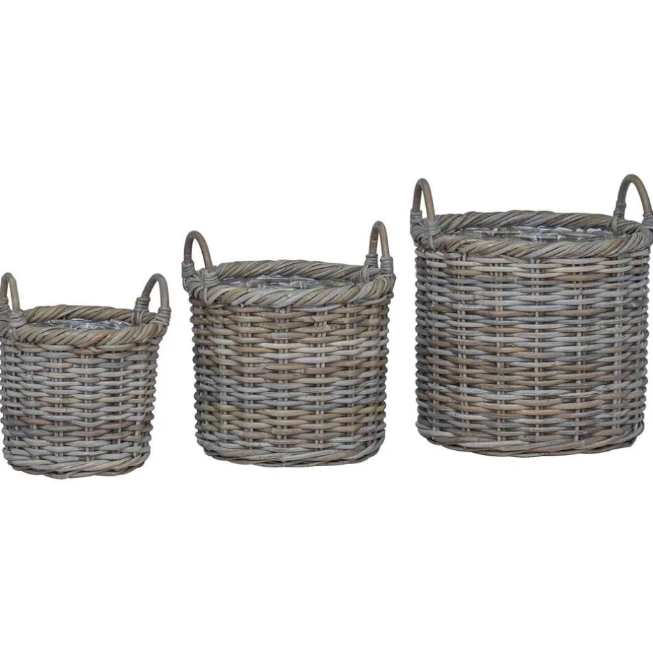 Hot vidaXL Planteringskorg med lagring 3 pcs Kubu Kubu Rattan Grå