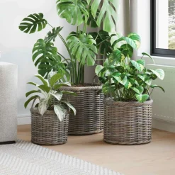Hot vidaXL Planteringskorg med lagring 3 pcs Kubu Kubu Rattan Grå