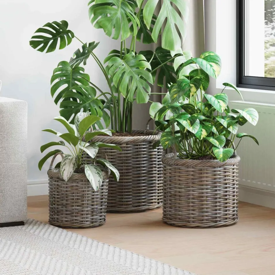 Hot vidaXL Planteringskorg med lagring 3 pcs Kubu Kubu Rattan Grå