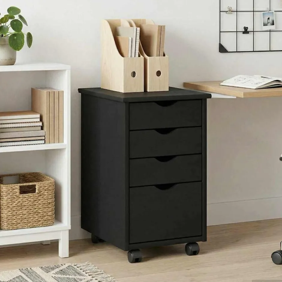 vidaXL Rullande skåp med hjul 34 x 39 x 56 cm Massivt furu Svart