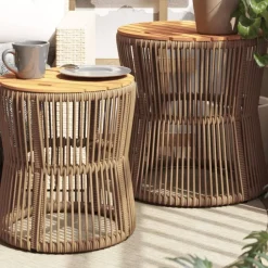 vidaXL Sidobord 2 delar med träskiva beige konstrotting