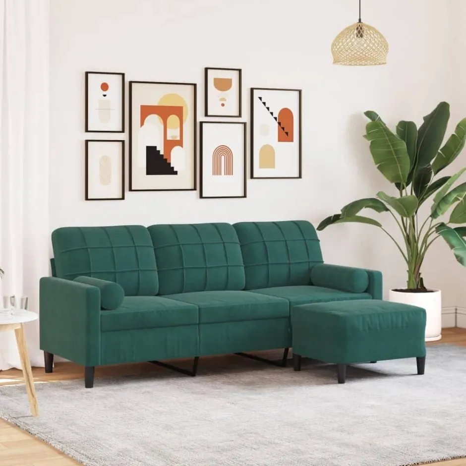 Hot vidaXL 3-sitssoffa med fotpall 180 cm sammet Mörkgrön