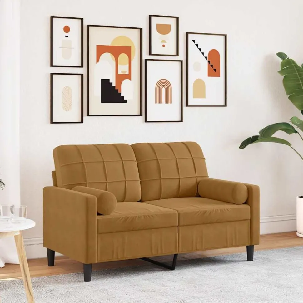 vidaXL 2-sitssoffa med prydnadskuddar brun 120 cm sammet