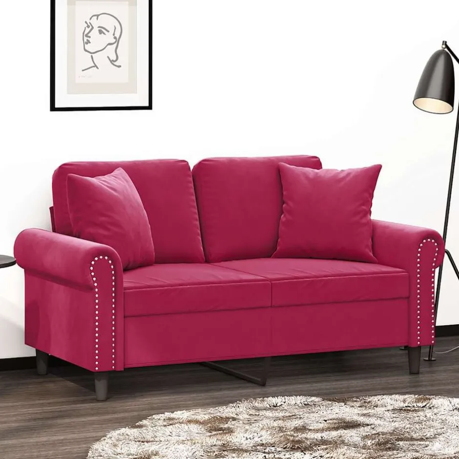 New vidaXL 2-sitssoffa med prydnadskuddar 120 cm sammet Vinröd