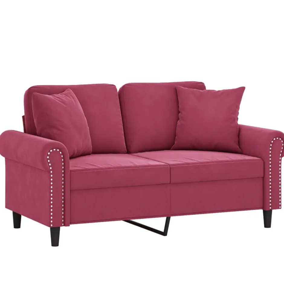 New vidaXL 2-sitssoffa med prydnadskuddar 120 cm sammet Vinröd