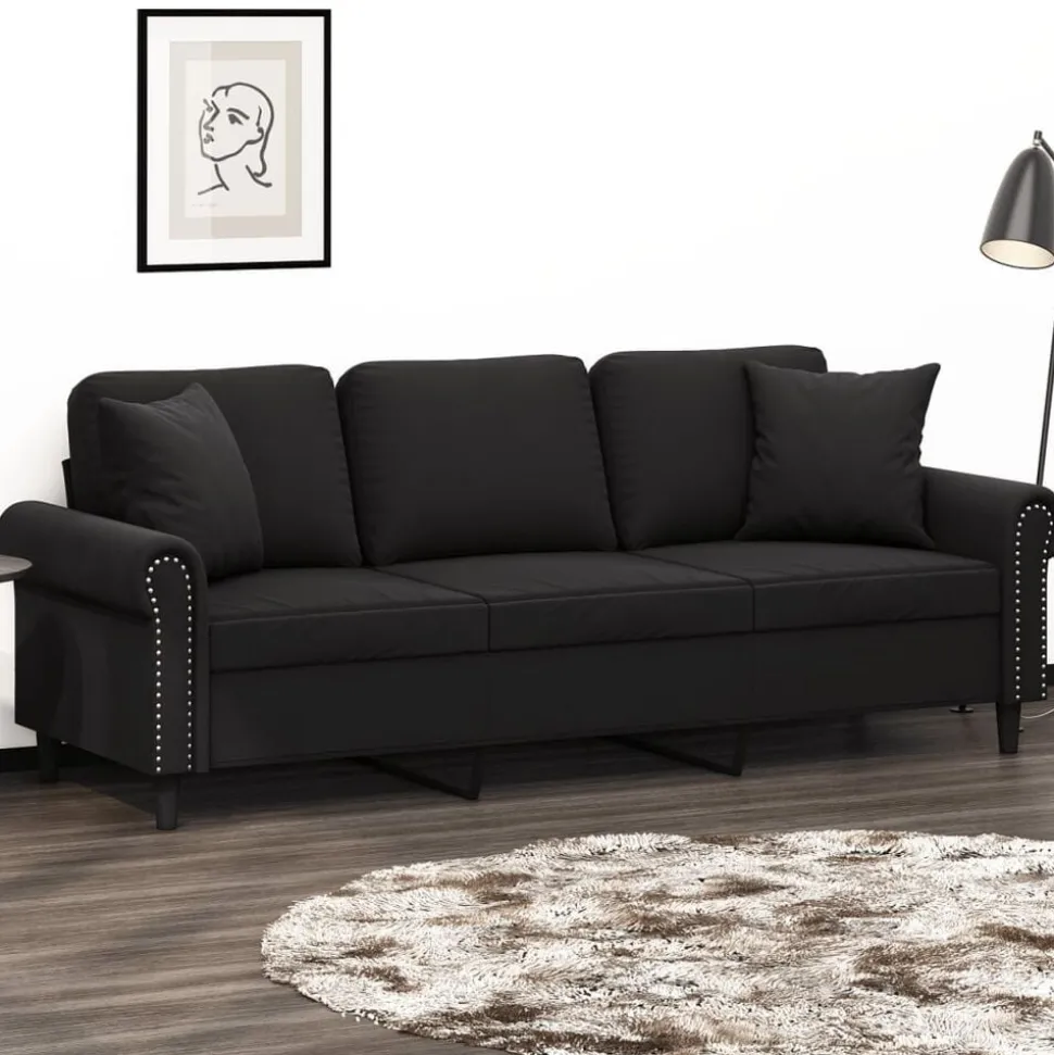 vidaXL 3-sitssoffa med prydnadskuddar svart 180 cm sammet