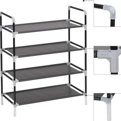 vidaXL Skohylla med 4 hyllor metall och non-woven tyg Svart