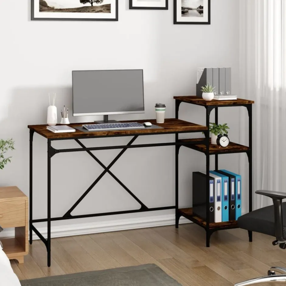 New vidaXL Skrivbord m. hyllor rökfärgad 135x50x90cm konstruerat trä&järn Rökfärgad ek