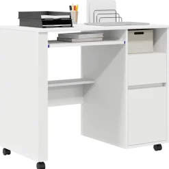 Hot vidaXL Skrivbord med Hjul med låda 91 x 50 x 77 cm Konstruerat trä Vit