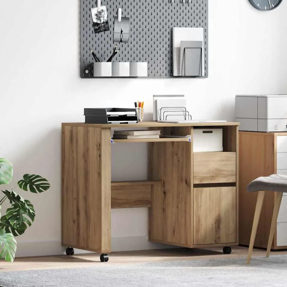 vidaXL Skrivbord med Hjul Artisan Ek 91 x 50 x 77 cm Konstruerat trä