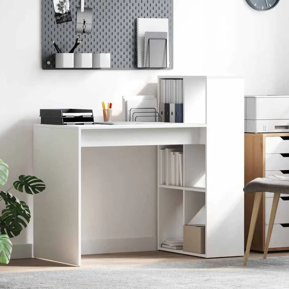 Best vidaXL Skrivbord med hylla 108 x 55 x 103.5 cm Konstruerat trä Vit