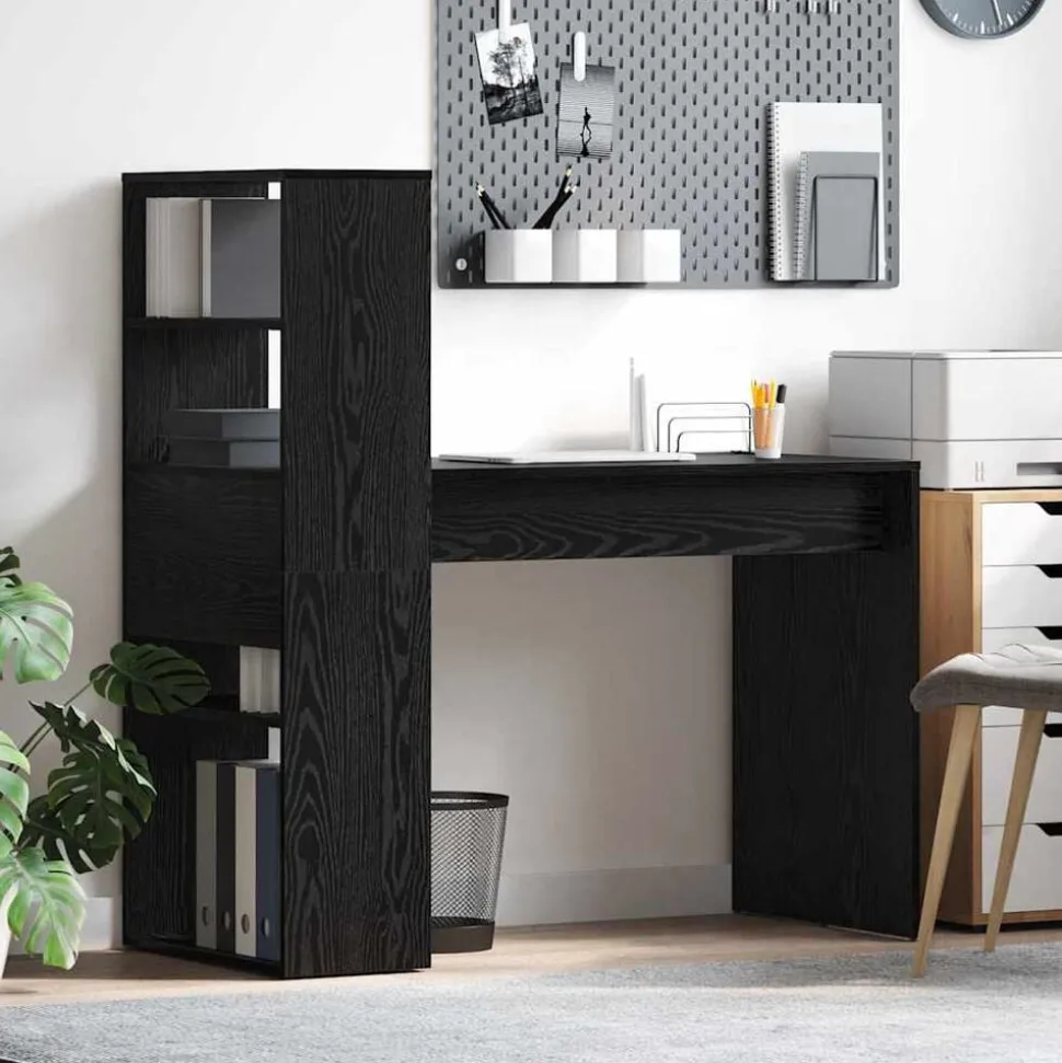 vidaXL Skrivbord med hylla Svart Ek 113 x 54 x 120 cm Konstruerat trä