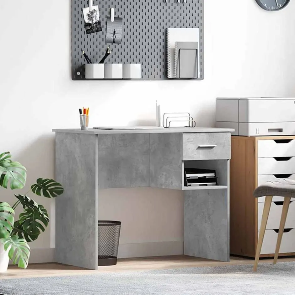 Best vidaXL Skrivbord med låda 90 x 49 x 75 cm Konstruerat trä Betonggrå