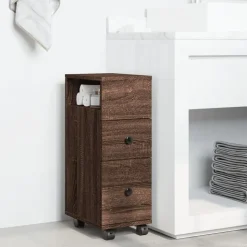 vidaXL Smalt badrumsskåp med hjul brun ek konstruerat trä