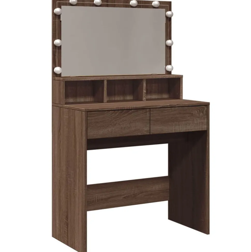 vidaXL Sminkbord med LED brun ek 80x41x134,5 cm