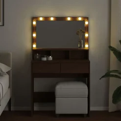 vidaXL Sminkbord med LED brun ek 80x41x134,5 cm