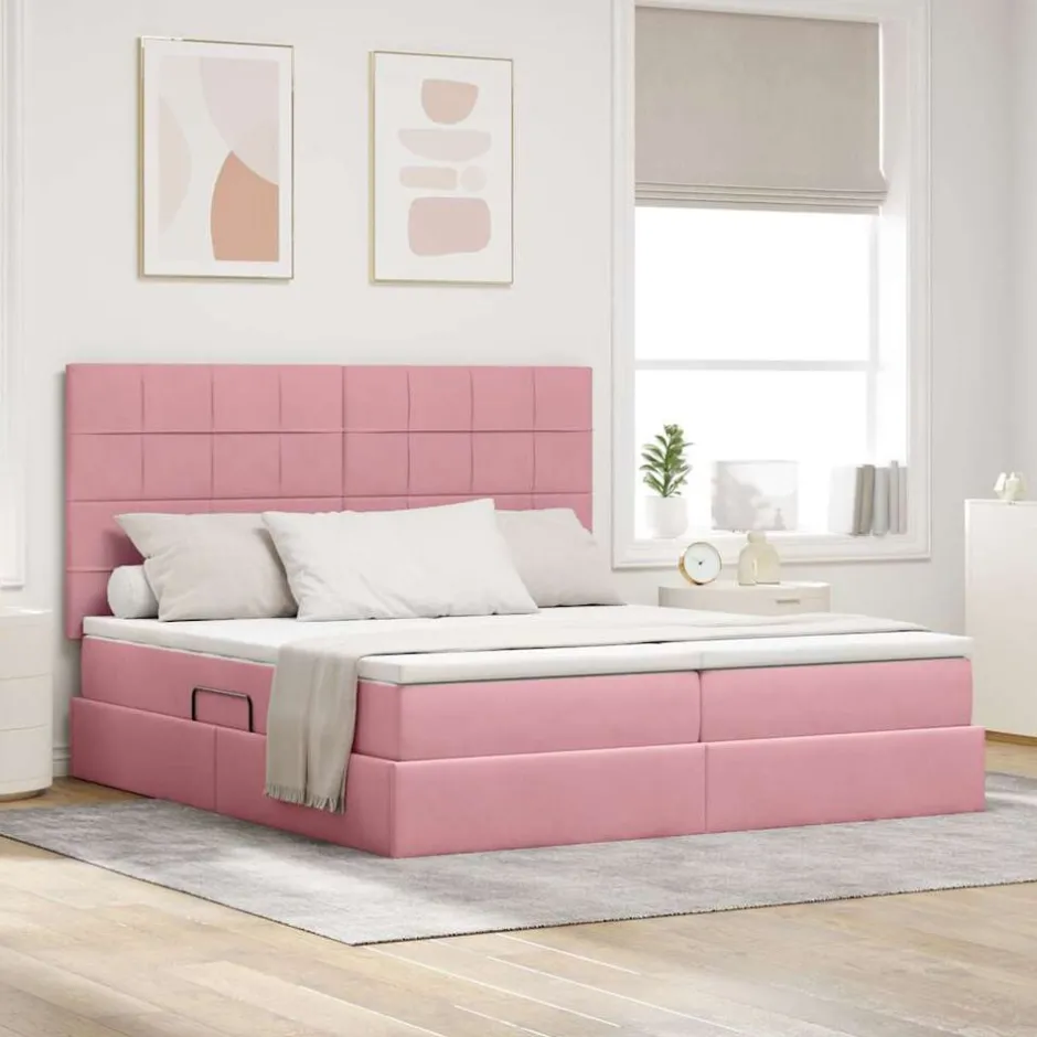 Hot vidaXL Säng med LED-ljusslingor med lagring 180 x 200 cm Sammet Rosa