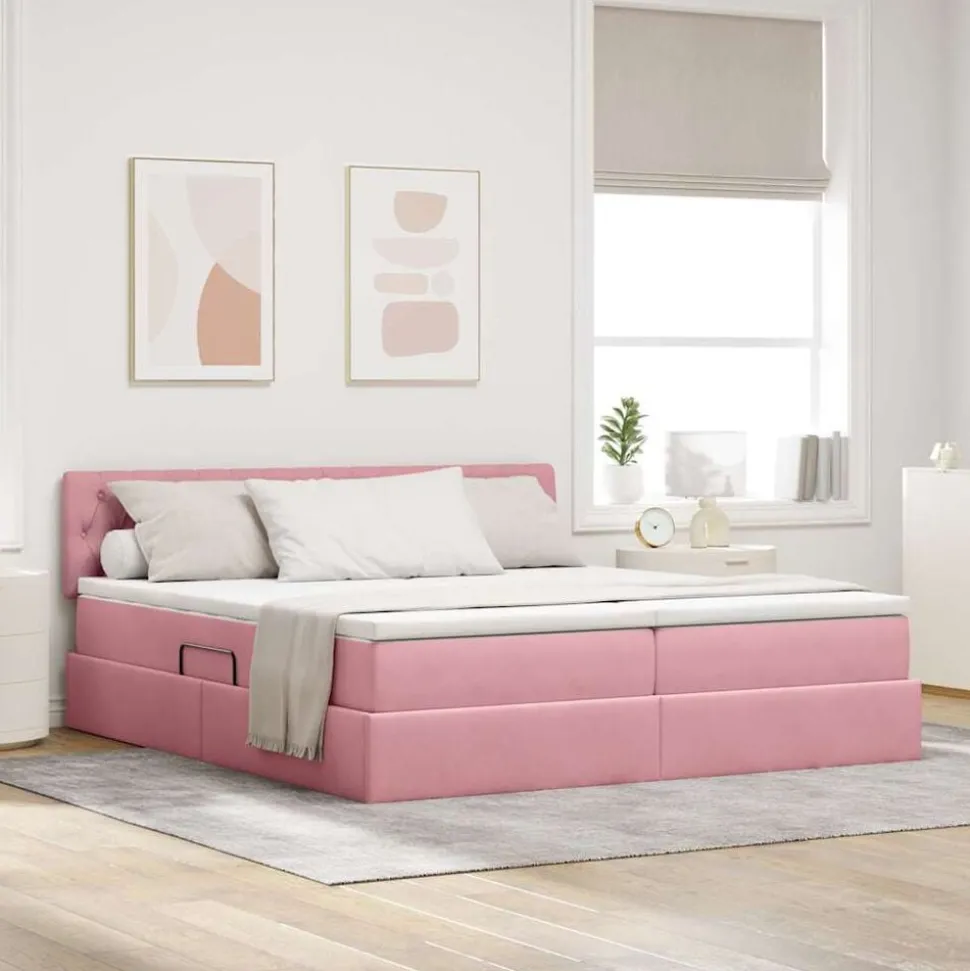 vidaXL Säng med LED-ljusslingor med lagring Rosa 180 x 200 cm Sammet