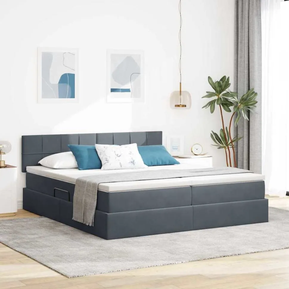 vidaXL Säng med LED-ljusslingor Mörkgrå 180 x 200 cm Sammet