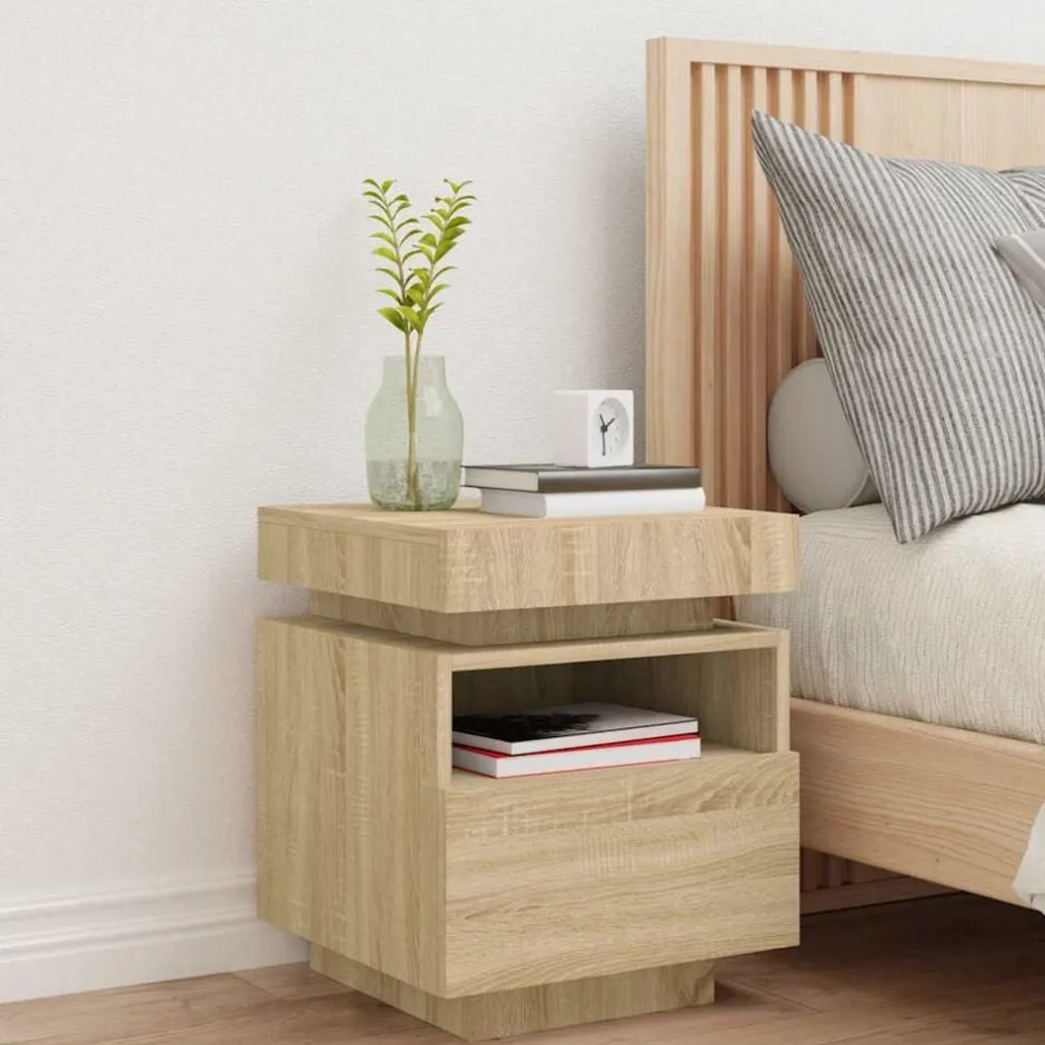 Discount vidaXL Sängbord med LED-belysning sonoma-ek 40x39x48,5 cm Sonoma ek