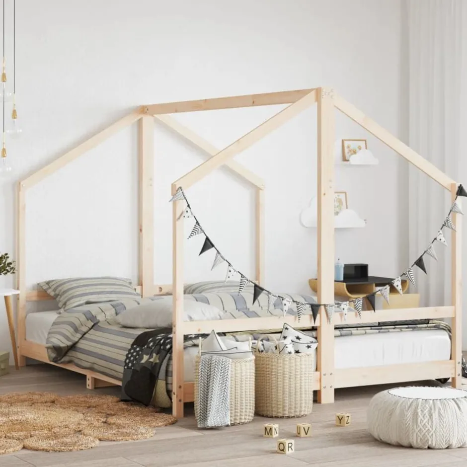 Best vidaXL Sängram för barnsäng 2x(80x200) cm massiv furu Naturfärg